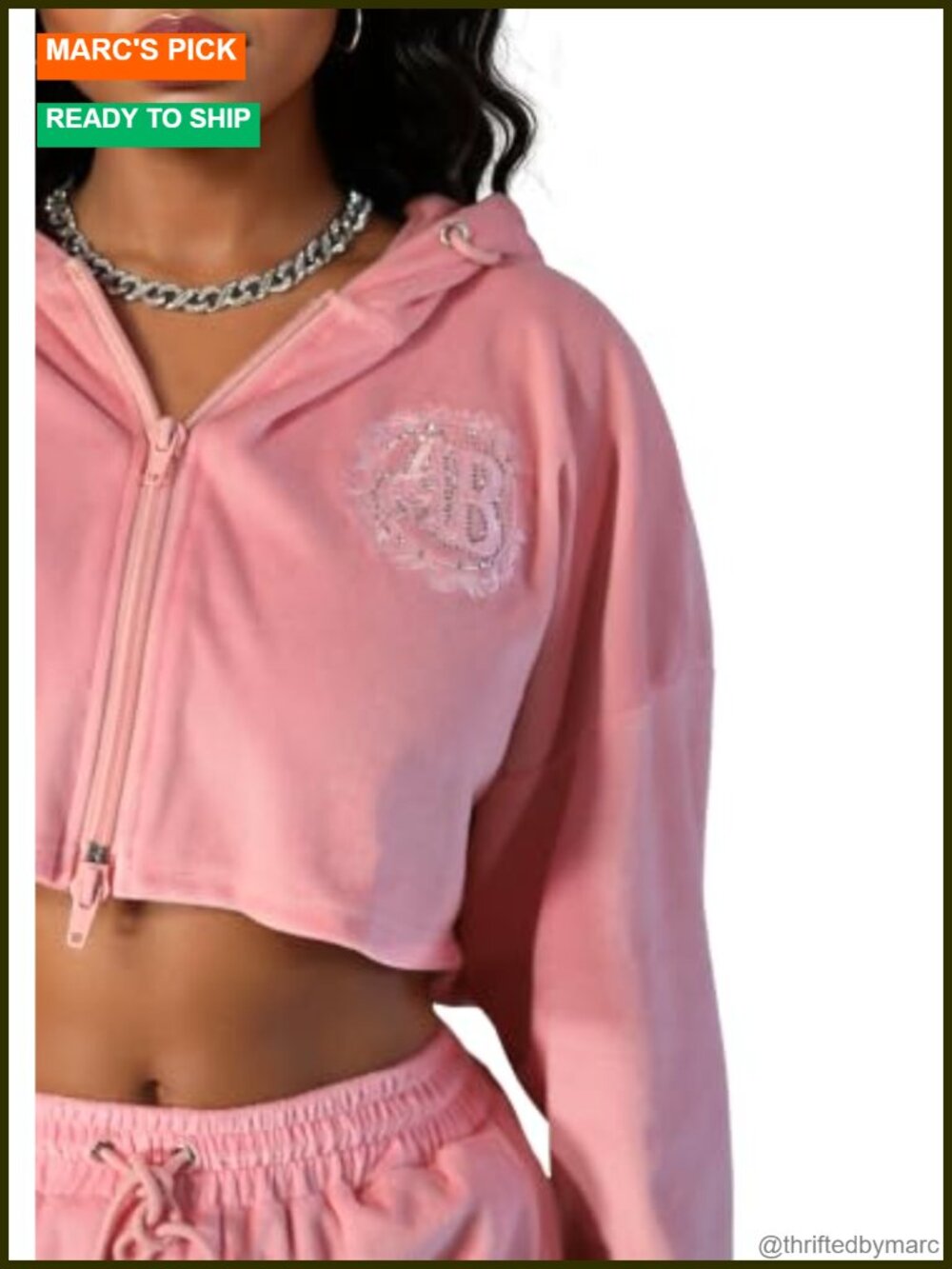 Cropped Zip-Up Hoodie with Rhinestone Graphic, Cotton Velour Oversized Fit